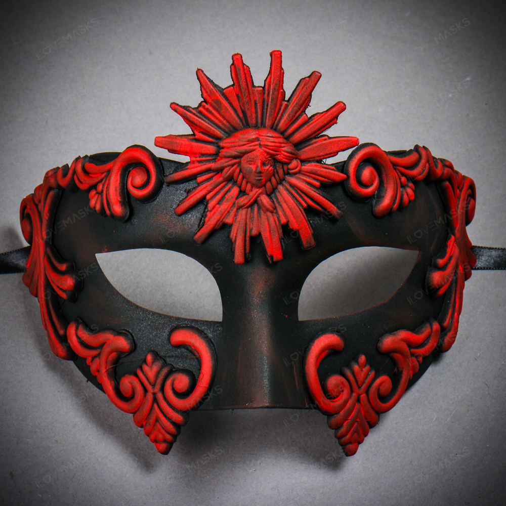 Warrior Roman Greek Sun Venetian Masquerade Cracked Mask - Black Red